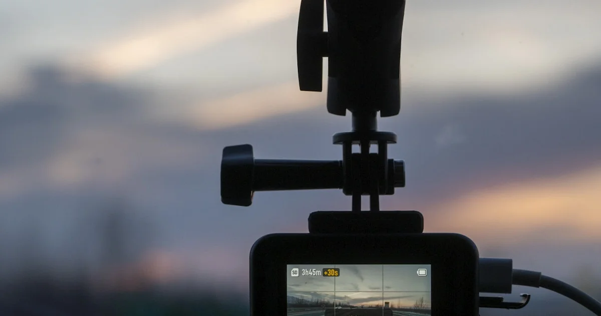 Best budget dash cam for cars mounted on a windshield at sunset, screen showing recording status