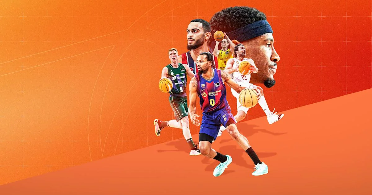 Liga Endesa basketball players on an orange DAZN promo background, weighing the most affordable sports streaming service
