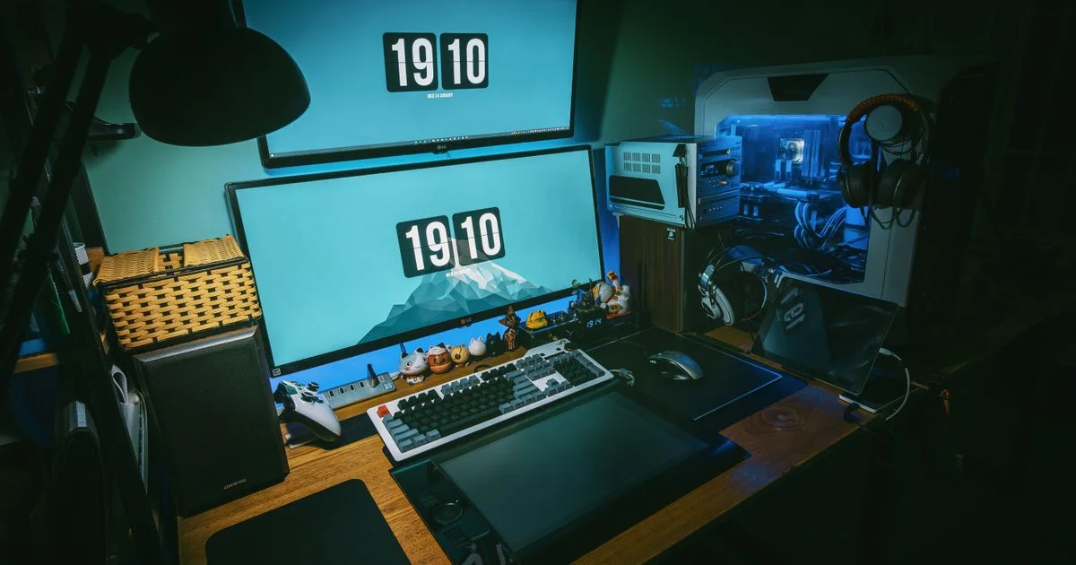 A gaming desk with cable management keeping dual monitors, keyboard and PC wiring out of sight