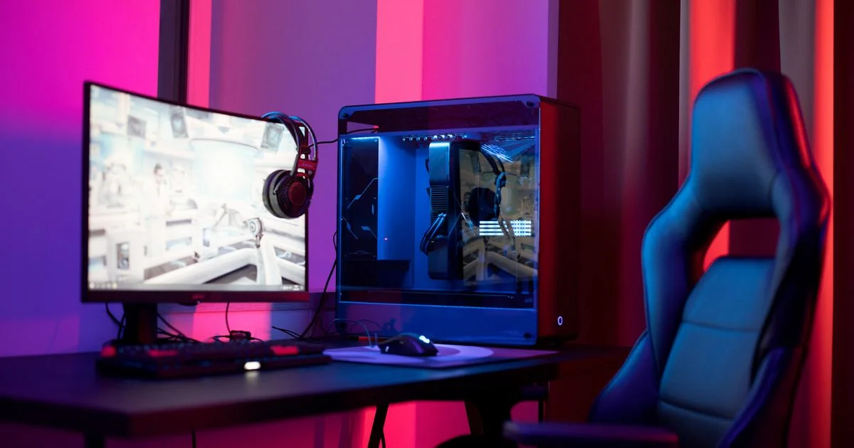 Desktop gaming PC tower with separate monitor, keyboard, mouse and chair, showing the full cost of a gaming pc vs gaming laptop setup