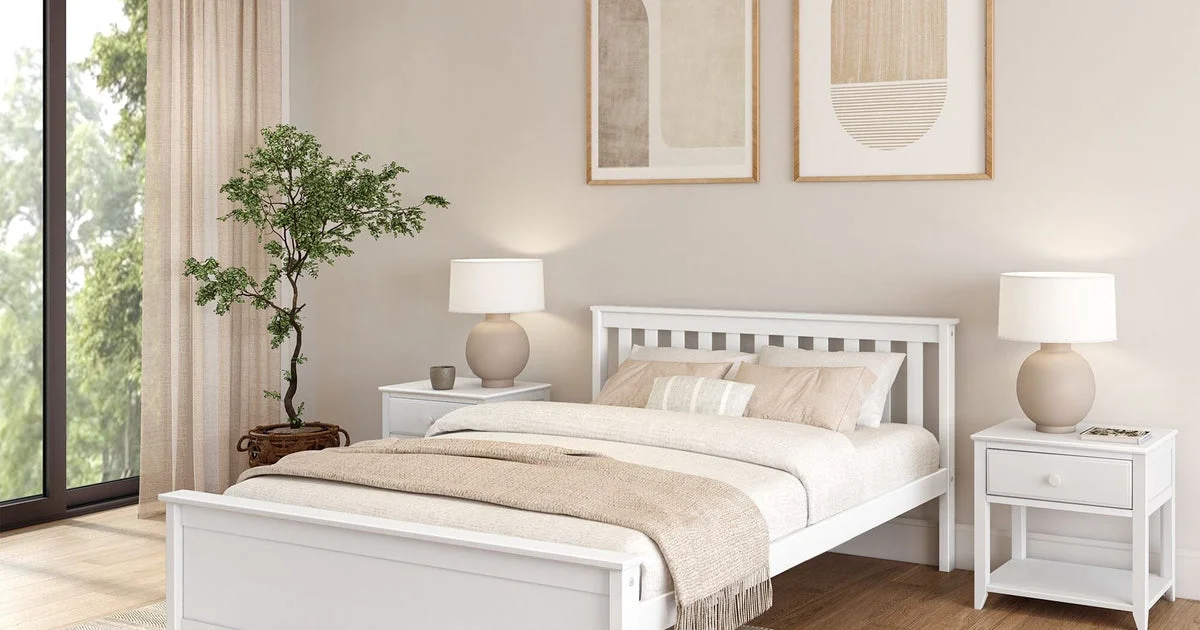 Plank+Beam Classic solid wood bed frame in white in a styled bedroom, the purchase behind is solid wood bed frame worth it